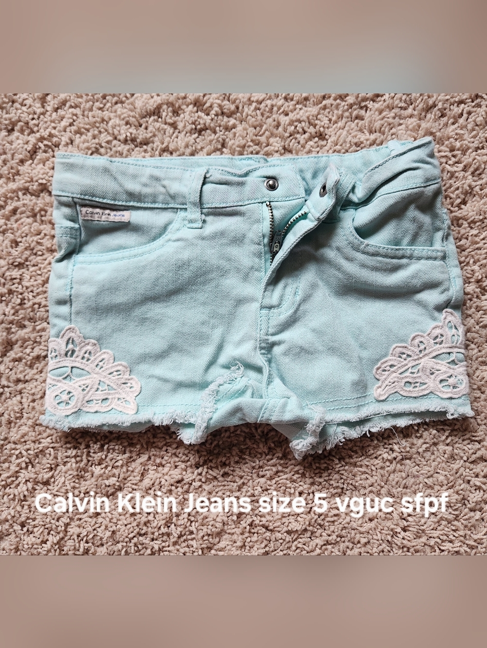 Calvin Klein Jeans Mint Crochet-Trim Denim Shorts